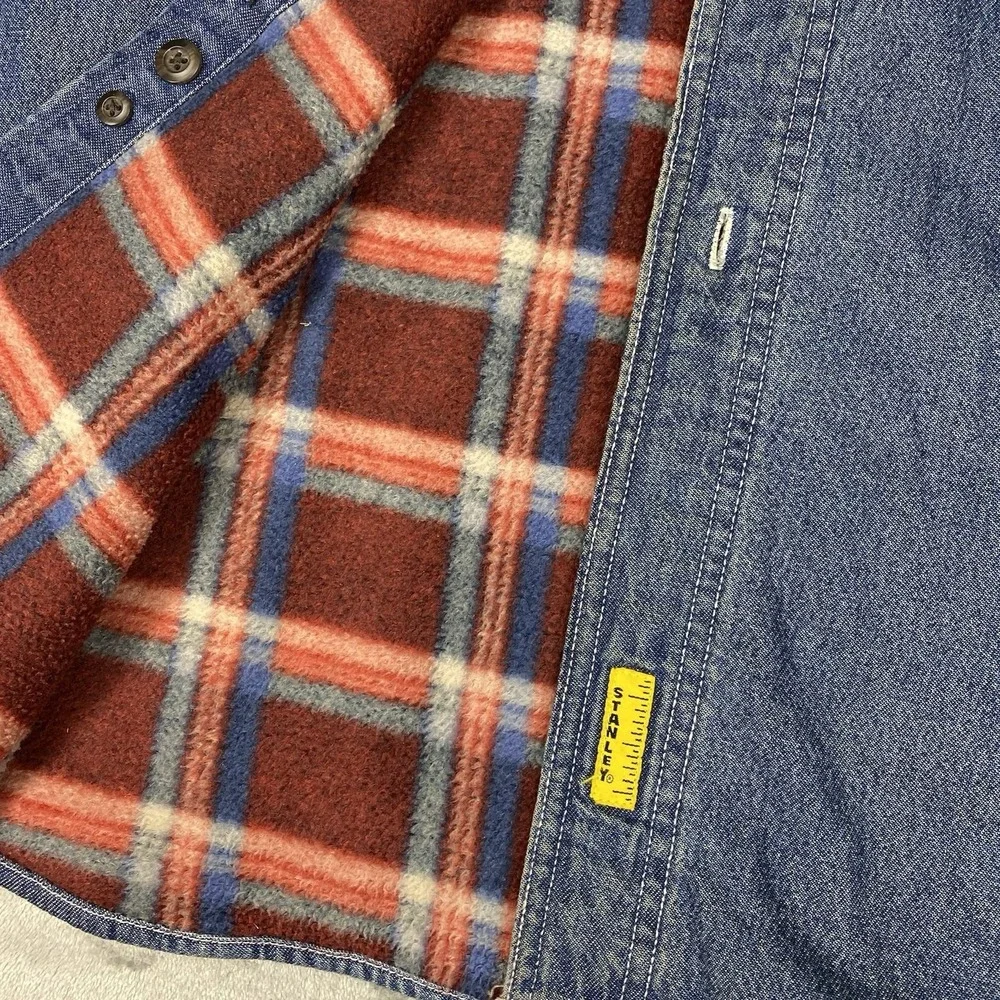 Vtg Stanley Denim Shirt Jacket Mens Sz XXL Blue Plaid Fleece Lined Work Thrashed